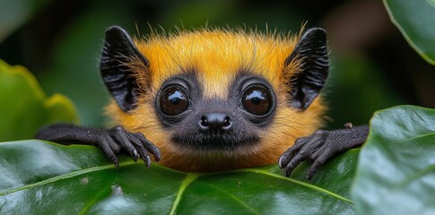 Fototapeta premium Golden Bat Captured in Nature Tropical Rainforest Wildlife Photography Close-Up View Unique Creature