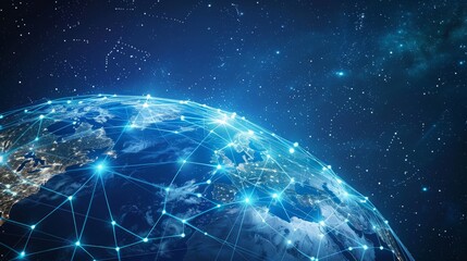 Obraz premium A Network of Lines Connecting Points of Light on a Blue Earth in Space