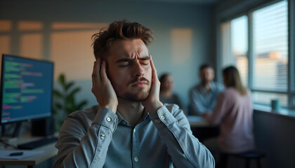 Obraz premium Neurodivergent caucasian adult man covering ears at office working space. Distress, headache, overwhelmed sensory input, autism spectrum sensory overload, hypersensitivity.