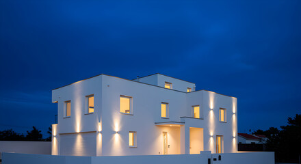Fototapeta premium Modern Villa At Dusk Illuminating With Exterior Lights Architecture