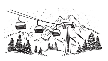Ski lift in mountain, on white, sketch, hand drawn illustrations	
