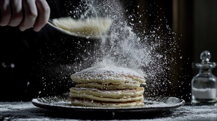 Stack of pancakes dusted with powdered sugar
