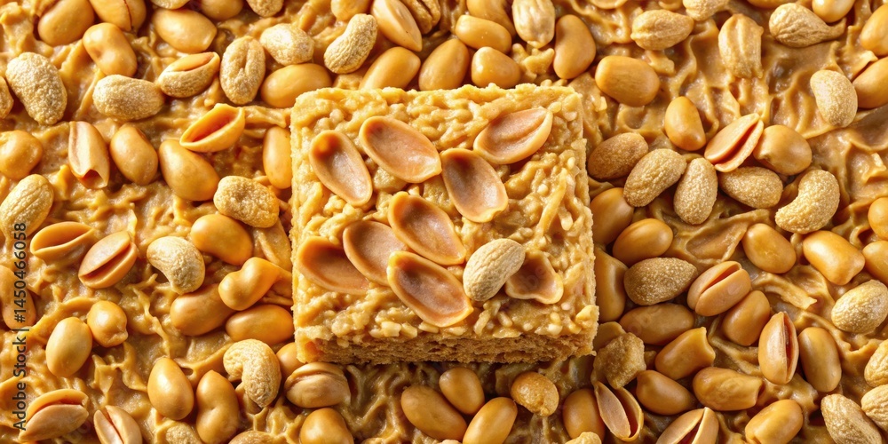 Aufkleber a single peanut butter square sits surrounded by whole peanuts and peanut halves, the square is a li