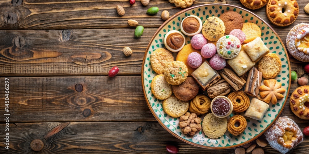 Poster a festive assortment of cookies and sweets arranged on a patterned plate, surrounded by scattered nu