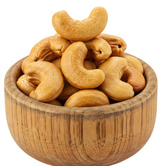 Wooden bowl filled with roasted cashew nuts still in their shells, set against a white background