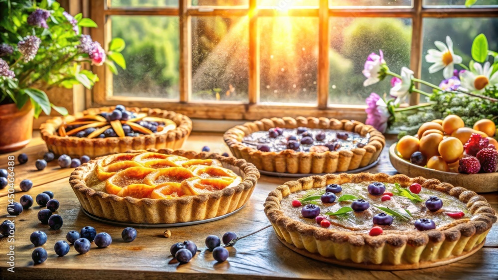 Poster four freshly baked fruit tarts with a variety of fillings and toppings arranged on a rustic wooden t