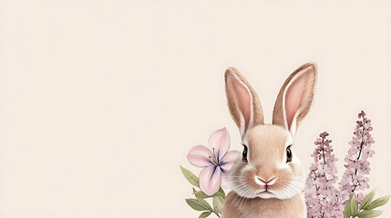 Obraz premium Rabbit and flowers, baby bunny isolated. Rose lilac, Lily, echinacea, Watercolor spring hand drawn illustration. Animal