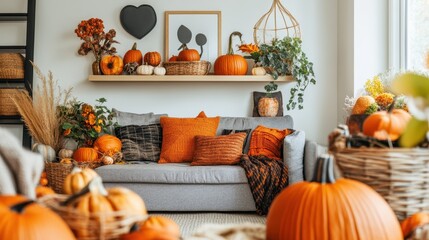 Autumnal living room d?cor featuring pumpkins.