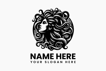 Minimalist single-line Medusa with flowing serpent hair, luxury vector logo for jewelry and fashion brands 