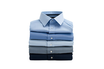 A neatly stacked collection of formal shirts in varying shades of blue and navy, showcasing a professional and polished appearance, ideal for business attire or casual office wear.