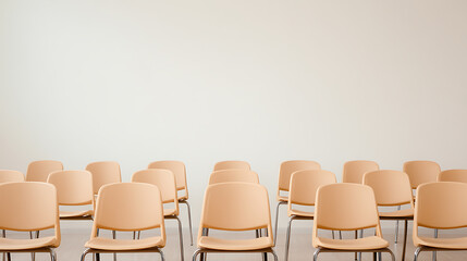 Obraz premium Rows of tan-colored, metal-framed chairs fill a meeting or lecture space against a neutral backdrop, emphasizing organization and anticipation of a seated audience.