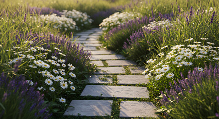 Obraz premium Stepping Stones Through A Lavender And Daisy Flower Garden Path