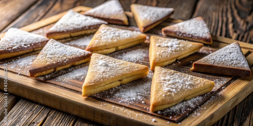 Poster a close-up of golden triangular pastries dusted with powdered sugar, resting on a rustic wooden cutt