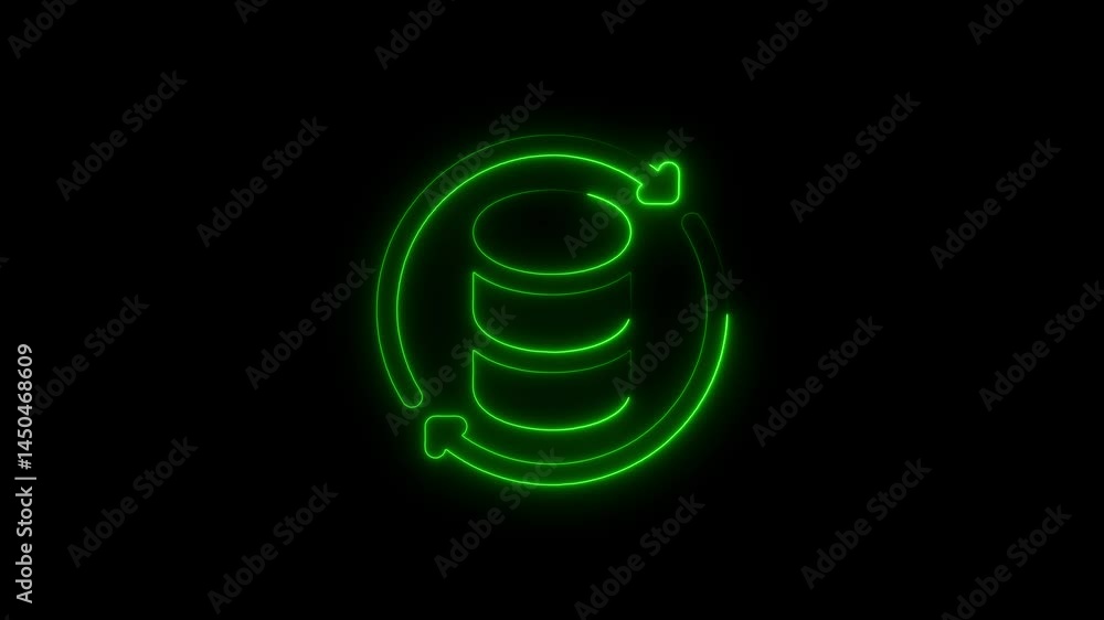 Aufkleber animated green neon database icon with circular arrows on a black background