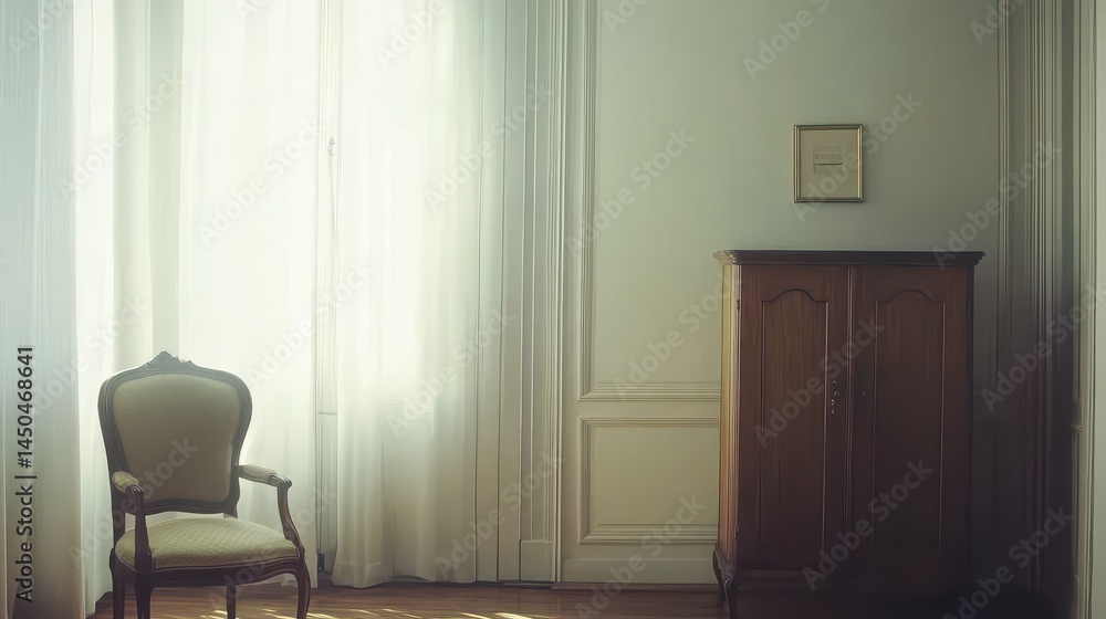 Poster sunlight streams into a tranquil, empty room.