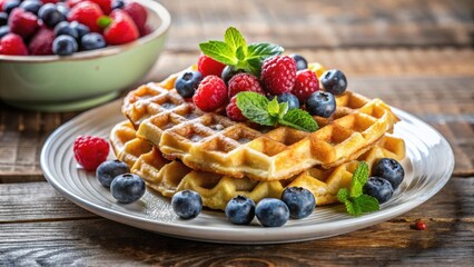 A stack of golden waffles adorned with a medley of ripe raspberries, blueberries, and fresh mint leaves, creating a delicious and visually appealing breakfast treat.