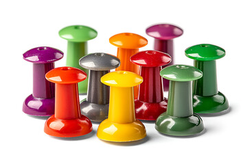 Colorful array of mushroom shaped push pins, arranged on a white surface