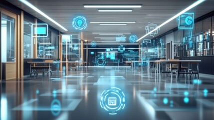 Modern school hallway with interactive digital overlays