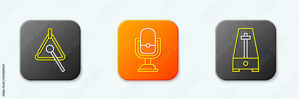 Poster set line triangle, microphone and metronome with pendulum icon. vector