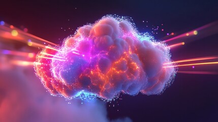 Abstract visualization of AI cloud computing with vibrant data clouds and beams of light creating dynamic connections