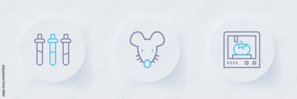 Poster set line 3d printing technology, experimental mouse and reagent bottle icon. vector