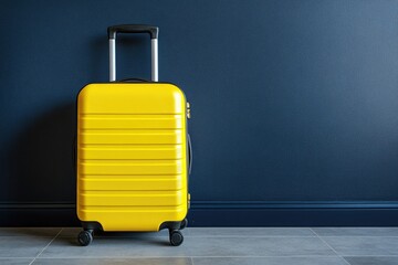 Vibrant yellow suitcase rests near a dark blue textured wall and flooring, creating contrast