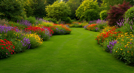 Lush Botanical Garden Featuring Manicured Lawn and Vibrant Floral Borders