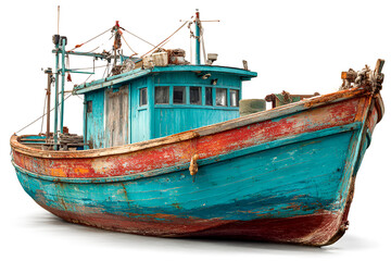 Obraz premium Vintage Fishing Boat with Weathered Turquoise Paint and Rustic Charm on White