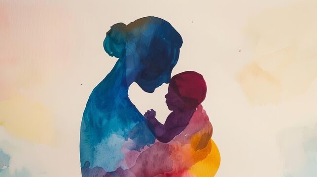 Naklejki Abstract watercolor painting of a mother holding her baby against a soft pastel background, emphasizing love, care, and maternal bond with vibrant colors