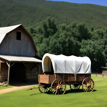 Covered wagon and barn