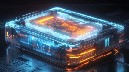 Obraz premium Translucent futuristic device glowing with vibrant light. Internal circuits visible through transparent casing
