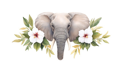 Watercolor elephant with white hibiscus flowers and green tropical leaves. Safari animal art, botanical jungle elements