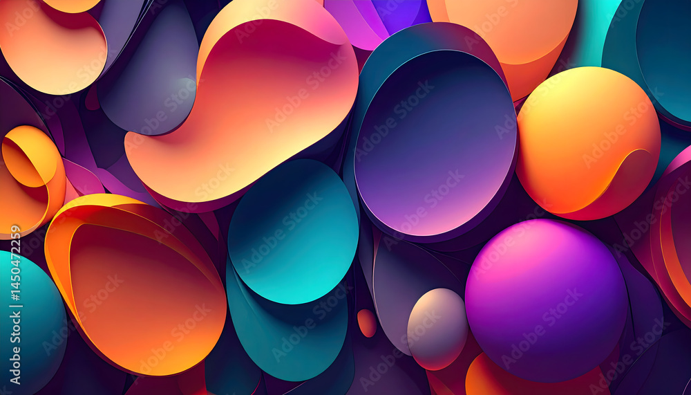 Poster abstract wallpaper depicting colorful spheres against a dark backdrop evoking fluid dynamics and hig