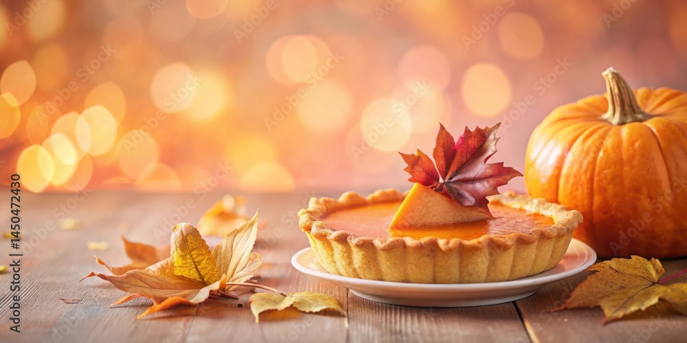Poster a slice of pumpkin pie topped with a vibrant autumn leaf, accompanied by a whole pumpkin and scatter