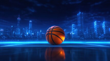 Basketball on neon court with futuristic city