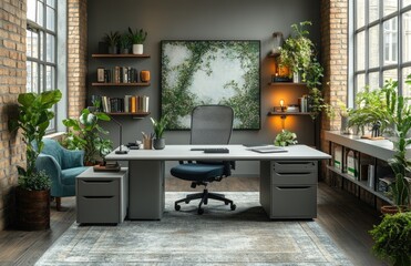 Modern home office with plants, desk, chair