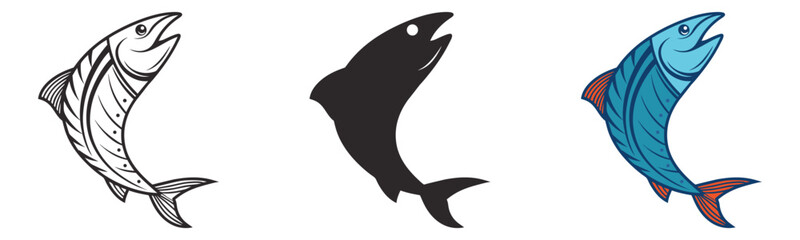 Jumping Fish Vector Icons Set Outline, Silhouette, and Color Style for Logos, Fishing, Seafood, and Branding Designs