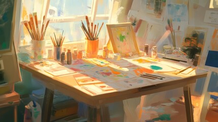 Artist's studio table with paint supplies and artworks. Sunlight streams through the window