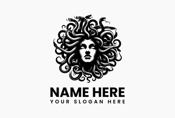 Bold Medusa silhouette with serpent hair, timeless vector emblem for tattoo parlors and athletic brands  