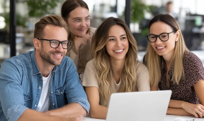 Group of diverse colleagues collaborating on laptop in modern office; teamwork, communication, and discussion