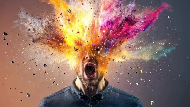 Colorful powder violently exploding from man's head, revealing intense emotional turmoil, psychological pressure, and mental health challenges through dramatic visual metaphor