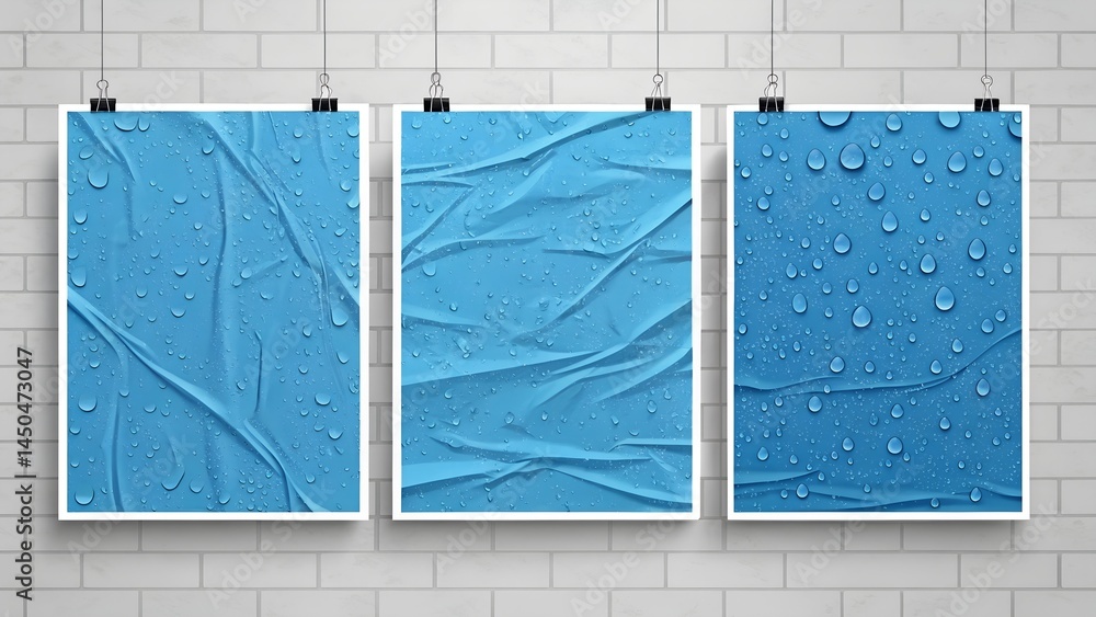 Poster glued color paper posters. realistic texture of wet paper sheet or fabric with creases. vector set o