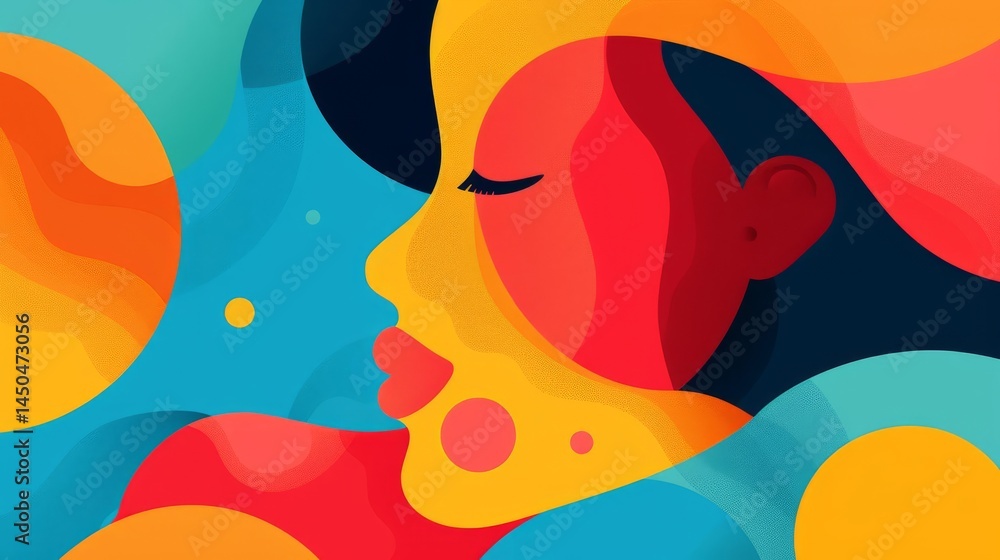 Poster vibrant abstract portrait of a woman's face with flowing colorful shapes and smooth lines in a moder