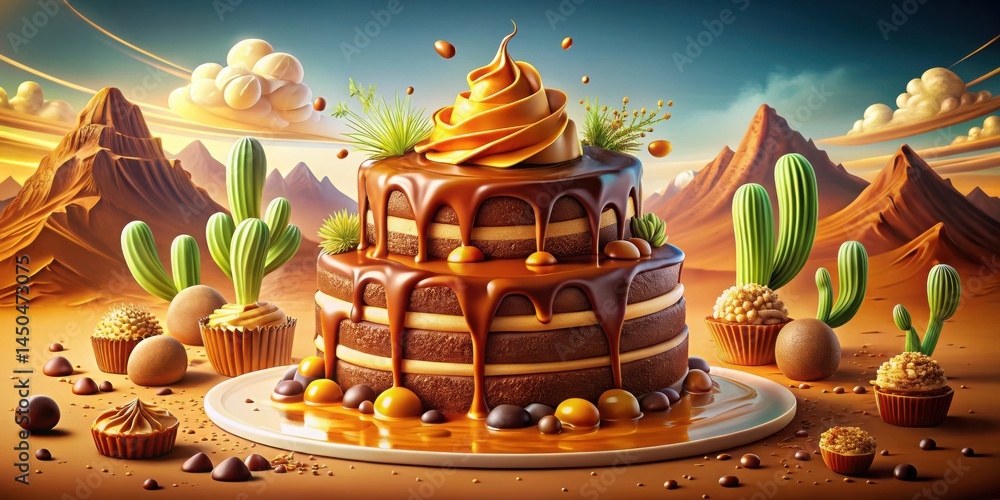 Poster a two-tiered chocolate cake with caramel frosting sits atop a white plate in a surreal desert landsc