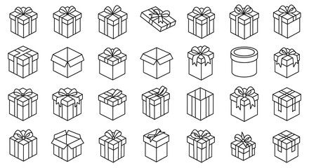 A comprehensive set of outline icons showcasing various styles of gift boxes, some with ribbons and bows, and a few open ones.
