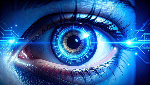 Close up de un ojo humano con circuitos de color azul en la pupila para una vision tecnologica y de futuro