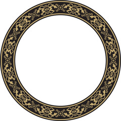 Vector round gold and black ancient Russian ornament. Slavic border, frame. Circle, ring. Painting of the royal chambers.
