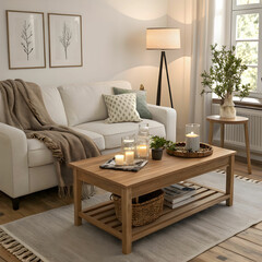 a light fabric sofa and a wooden coffee table wit