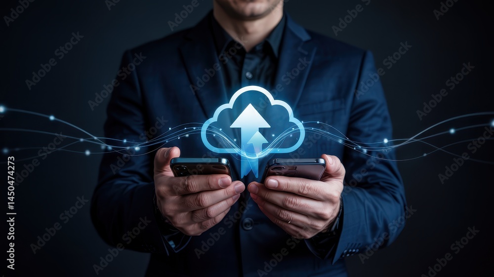 Poster a person uploading files to the cloud using smartphones.