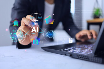 AI concept with business man using artificial intelligence to create work and paying attention to...
